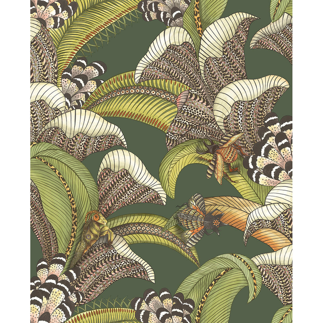cole & son - hoopoe leaves - spring green and coral - 119/1003.cs.0