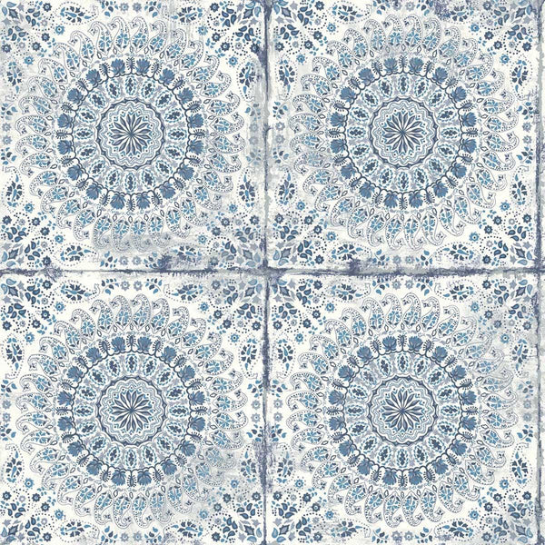 seabrook mandala boho tile cerulean and washed denim wallpaper