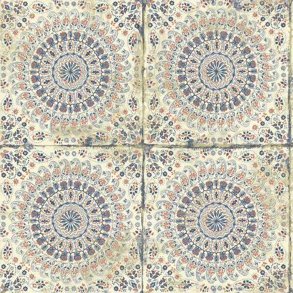 seabrook mandala boho tile coral, cream, and midnight blue wallpaper