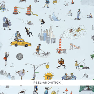 schumacher - joana avillez's street scenes - multicolor on sky blue - 5016172 - wallpaper