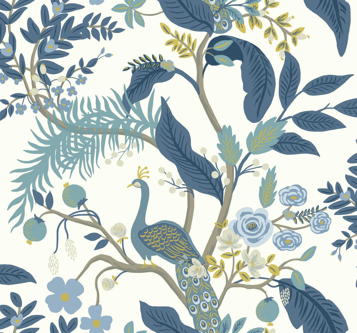 rifle paper co. peacock blue/white wallpaper
