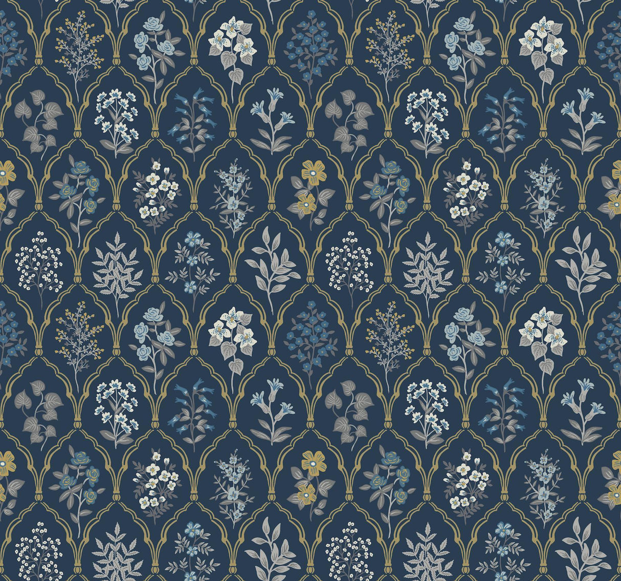 rifle paper co. hawthorne navy/gold wallpaper