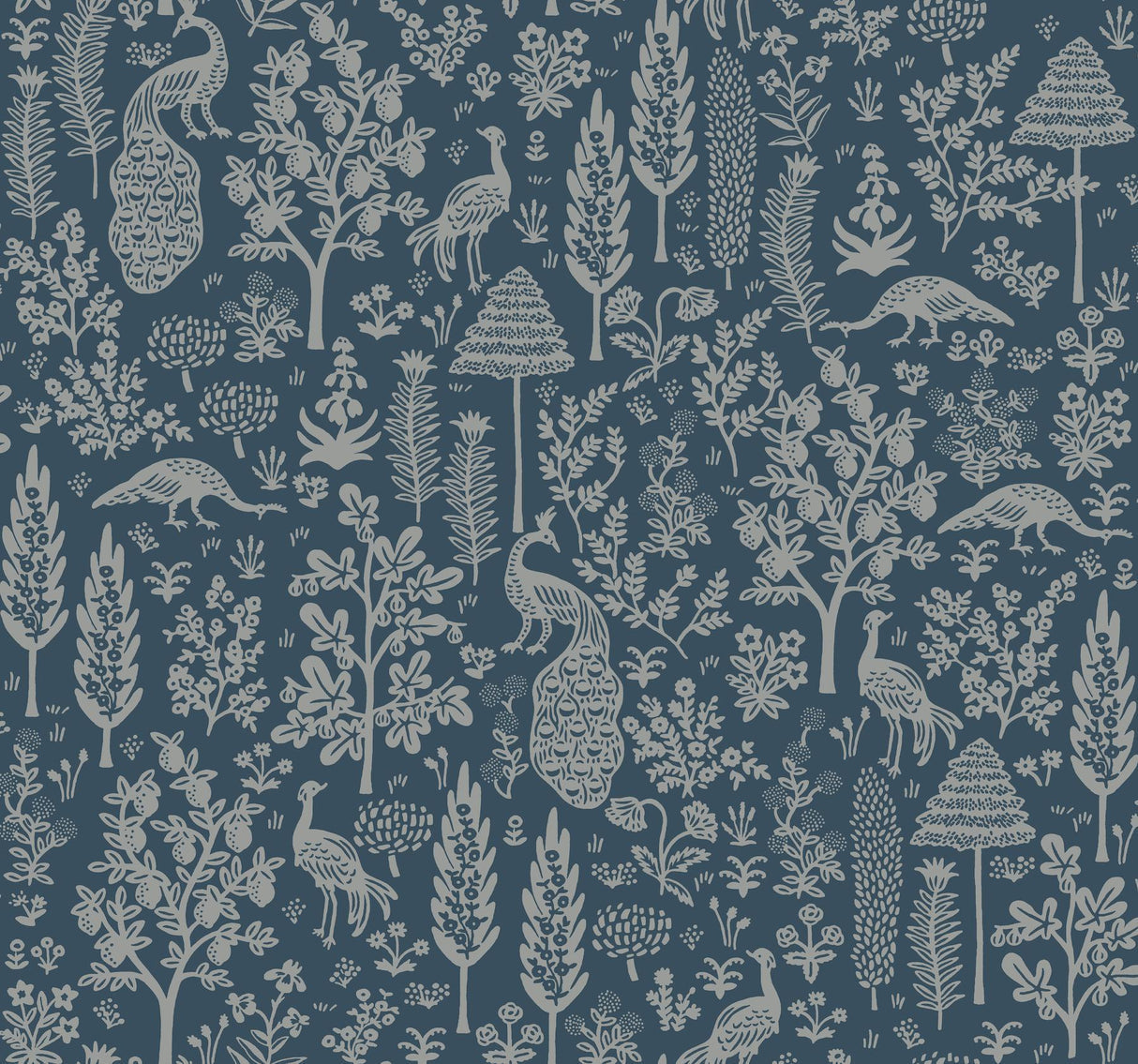 rifle paper co. menagerie toile dark blue wallpaper