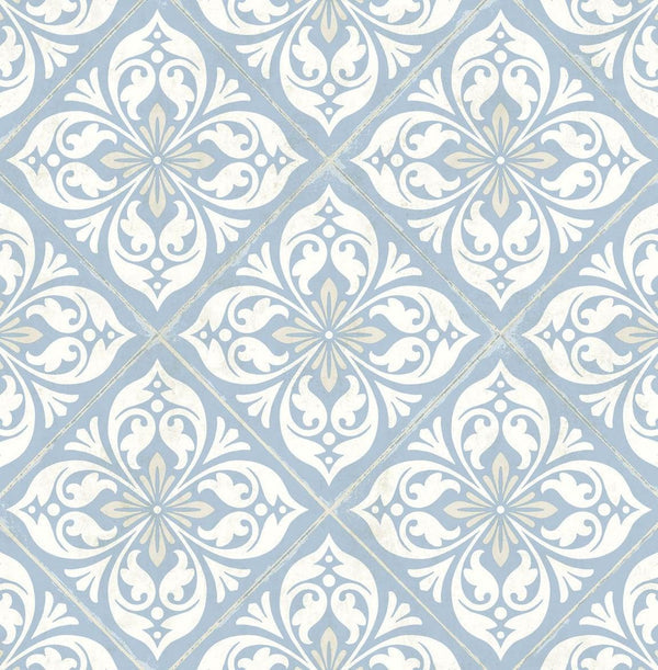 seabrook plumosa tile carolina blue and arrowroot wallpaper