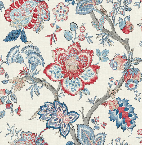 seabrook bernadette jacobean french blue & antique ruby wallpaper