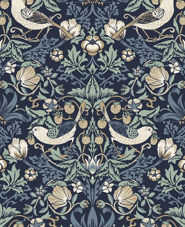 seabrook fragaria garden navy blue & aloe wallpaper