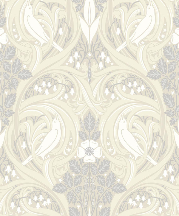 seabrook bird scroll swiss coffee & grey wallpaper