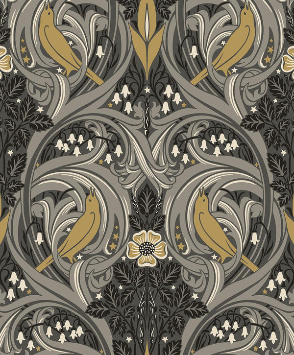 seabrook bird scroll charcoal & goldenrod wallpaper