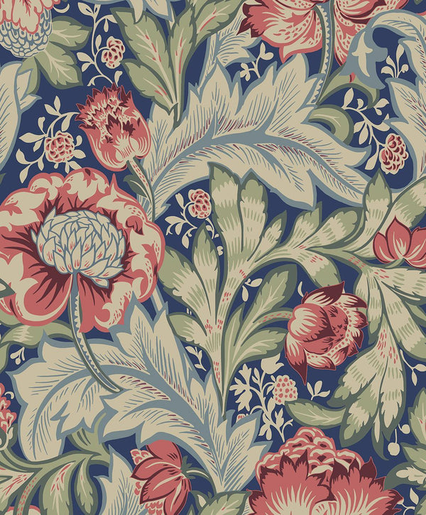 seabrook acanthus garden marine blue & watermelon wallpaper