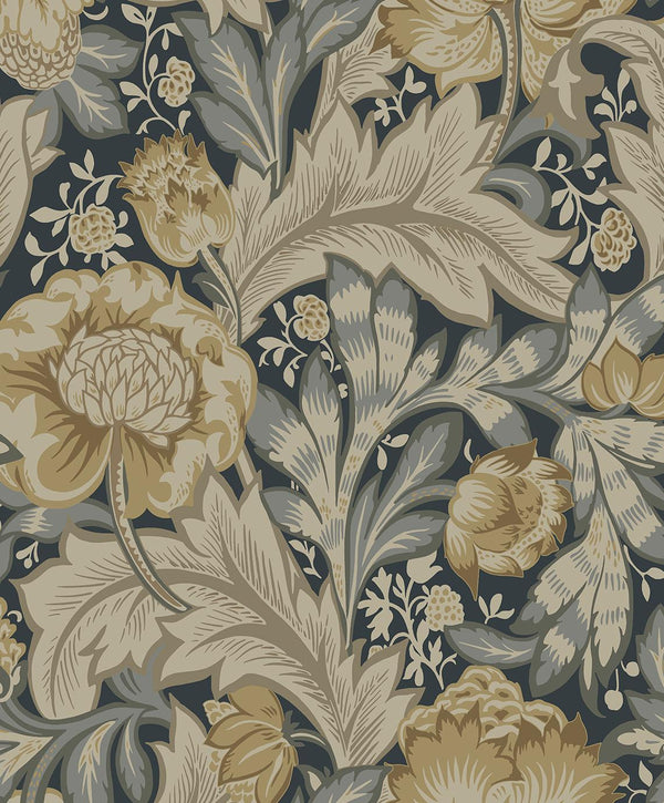 seabrook acanthus garden midnight blue & beige wallpaper