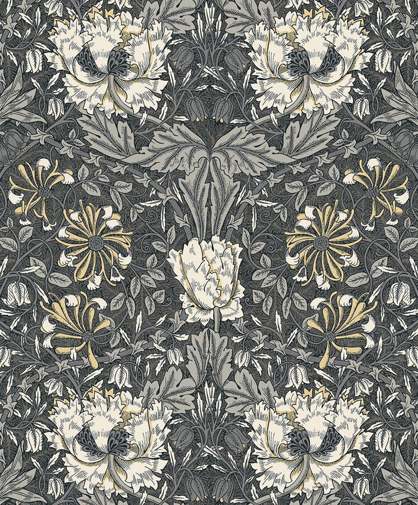 seabrook ogee flora charcoal & goldenrod wallpaper
