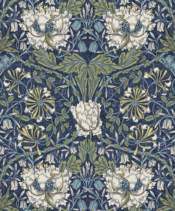 seabrook ogee flora indigo dye & thyme wallpaper