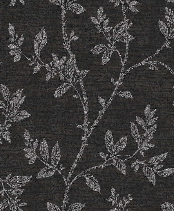 seabrook leaf trail metallic ebony & glass beads wallpaper