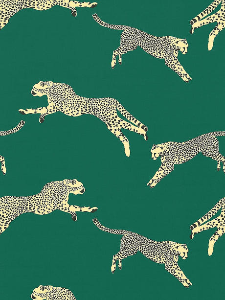 scalamandre leaping cheetah cotton print evergreen fabric - scala 16634-005