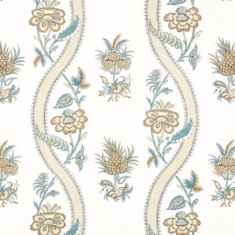 ribbon floral beige and spa blue fabric - f936425 - thibaut fabric