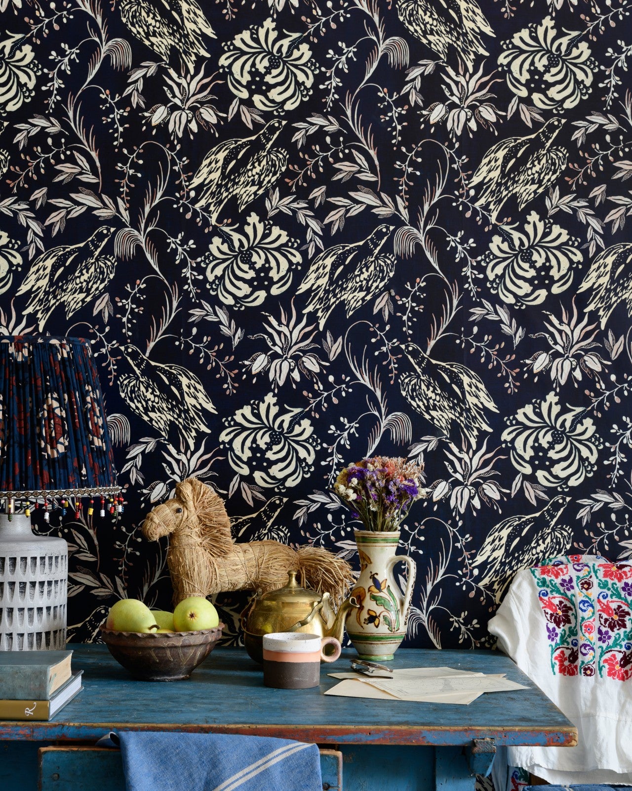 mind the gap - folk embroidery crimson wallpaper - wp30014