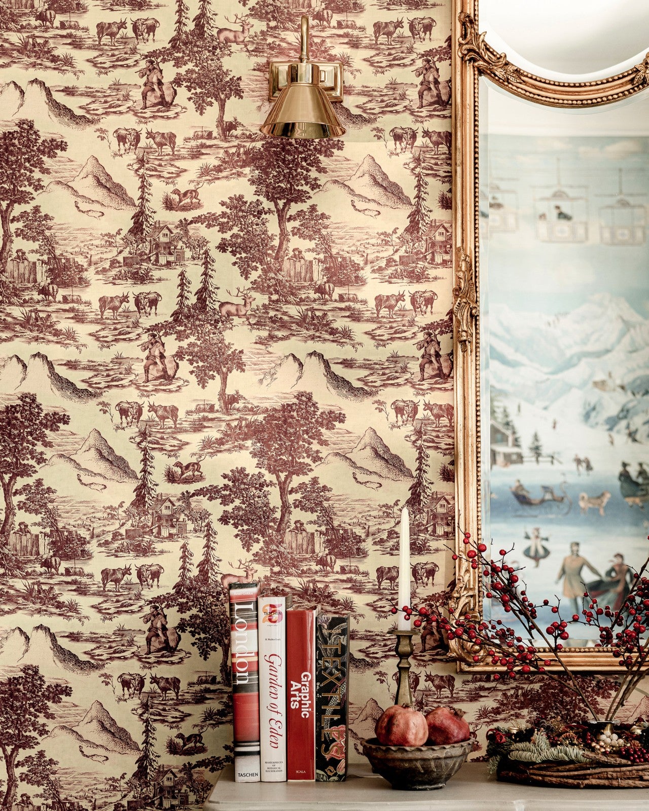 mind the gap - toile du tyrol burgundy wallpaper - wp30147
