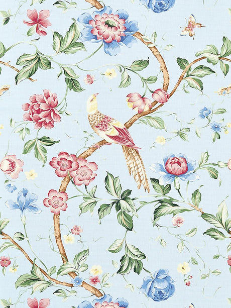 scalamandre orienteaux rose & blue on glacier blue fabric - scala 16300m-002