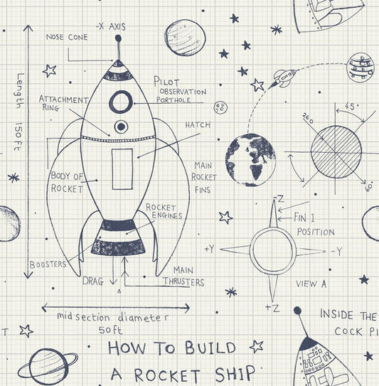 Seabrook Rocket Ship White And Midnight Blue Wallpaper