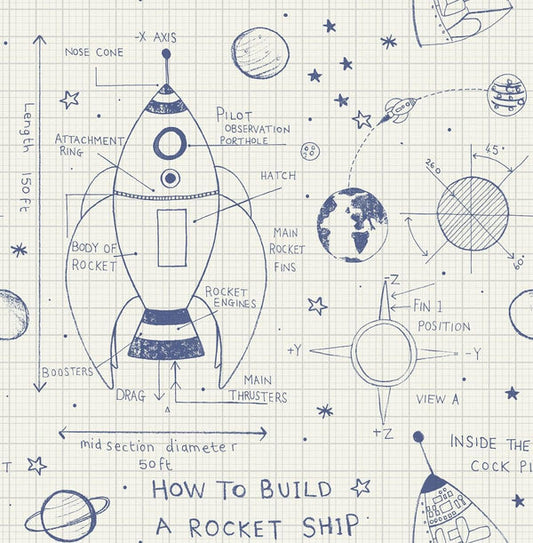 Seabrook Rocket Ship White And Navy Wallpaper