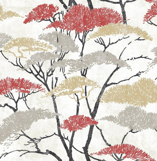 Seabrook Confucius Tree Metallic Gold, Silver, And Crimson Wallpaper