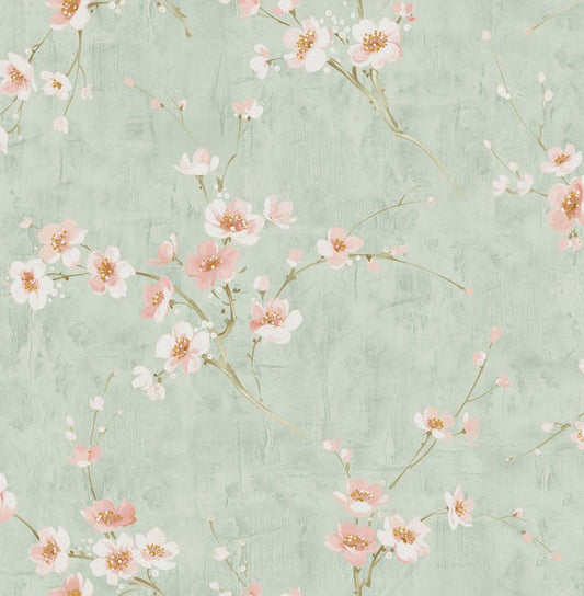Seabrook Silk Road Dogwood Metallic Mint And Pink Wallpaper