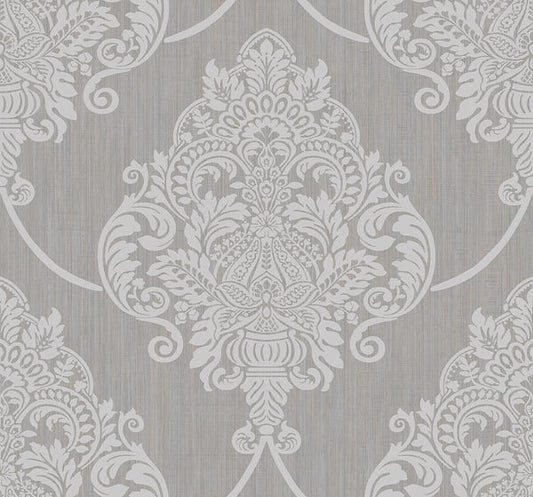 Seabrook Puff Damask Metallic Silver Glitter And Tan Wallpaper