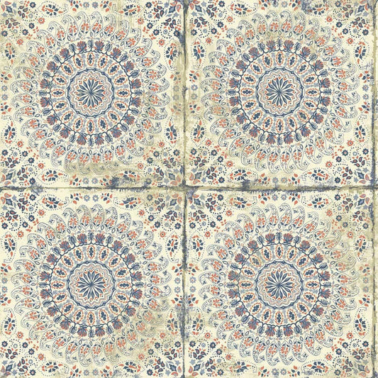 Seabrook Mandala Boho Tile Coral, Cream, And Midnight Blue Wallpaper