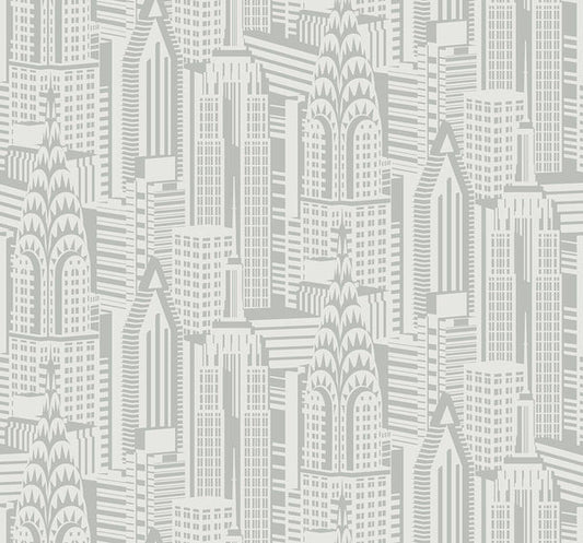 Seabrook Manhattan Skyline Silver Sky Wallpaper