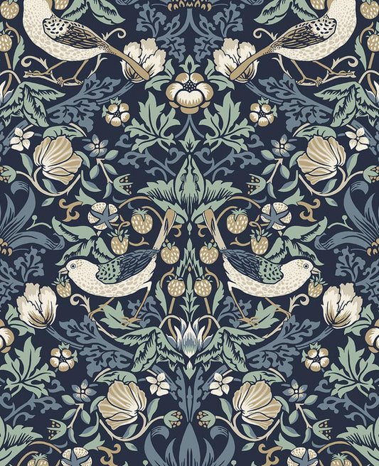 Seabrook Fragaria Garden Navy Blue & Aloe Wallpaper