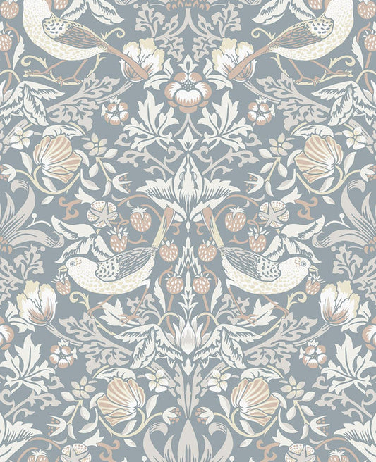 Seabrook Fragaria Garden Blue Mist & Blush Wallpaper
