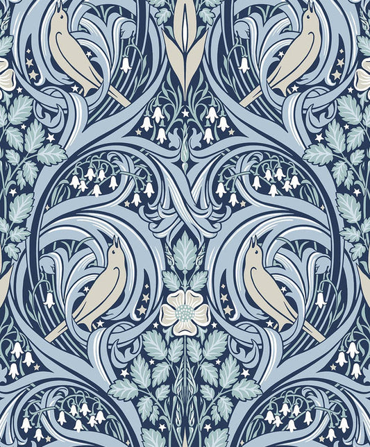 Seabrook Bird Scroll Denim & Blue Mist Wallpaper