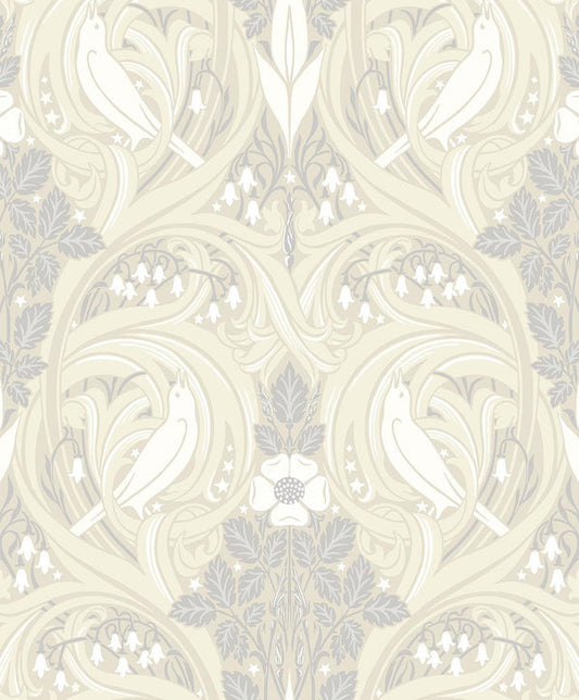 Seabrook Bird Scroll Swiss Coffee & Grey Wallpaper