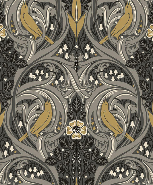 Seabrook Bird Scroll Charcoal & Goldenrod Wallpaper