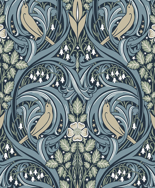 Seabrook Bird Scroll Navy & Beige Wallpaper