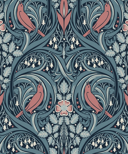 Seabrook Bird Scroll Aegean Teal & Coral Wallpaper