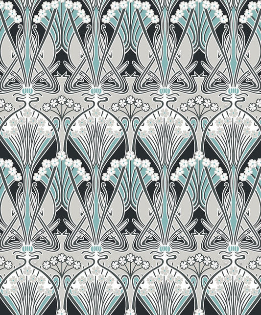 Seabrook Dragonfly Damask Ebony & Aqua Wallpaper