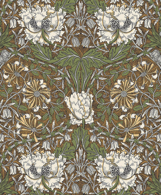 Seabrook Ogee Flora Dijon & Sage Wallpaper