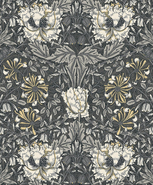 Seabrook Ogee Flora Charcoal & Goldenrod Wallpaper