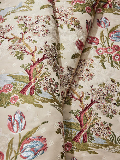 scalamandre avignon brocade spring on ivory fabric - scala 27322-001