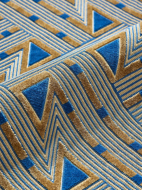 scalamandre kasai velvet blue and gold fabric - scala 27323-004