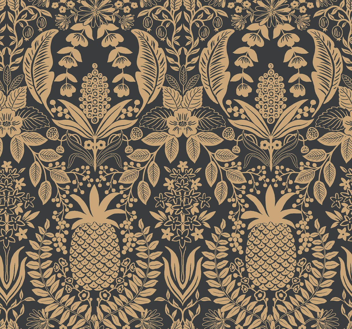 rifle paper co. pineapple damask black wallpaper