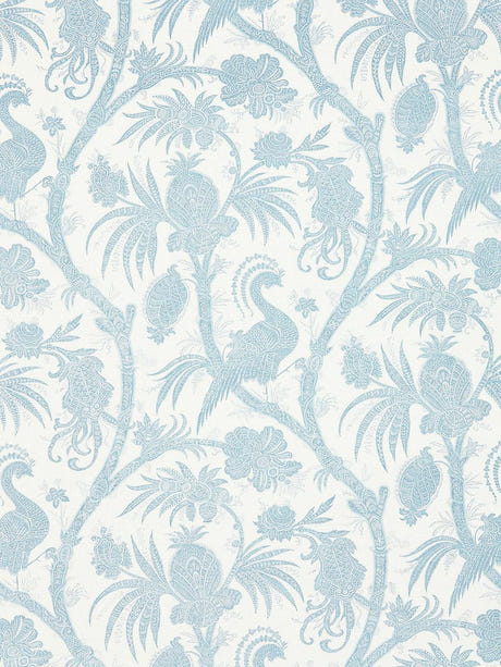 scalamandre balinese peacock linen print sky fabric - scala 16575-001