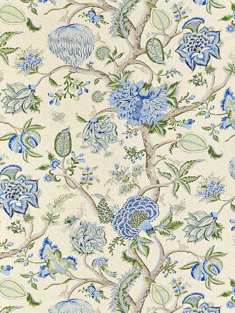 scalamandre pondicherry cotton print blue, green on cream fabric - scala 16430-003