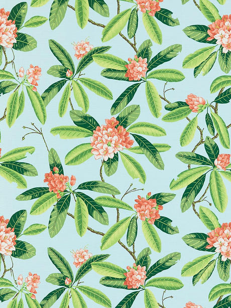 scalamandre rhododendron | outdoor coral on aqua fabric - scala 16454m-003