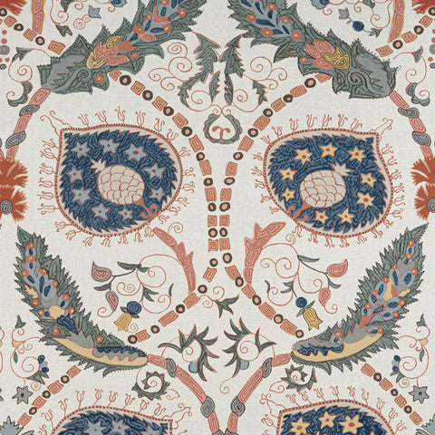 Lewis Coral and Blue Fabric - F913219 - Thibaut Fabric
