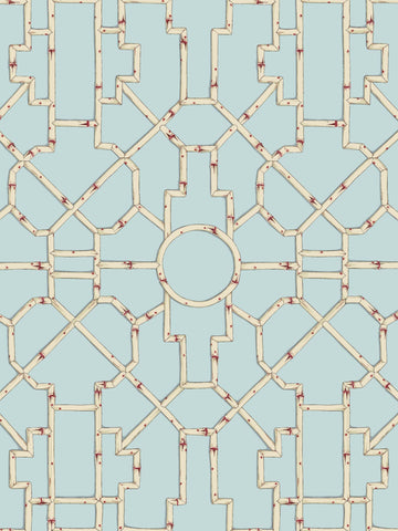 Scalamandre - Baldwin Bamboo Cream and Red on Aqua Wallpaper - SC 0004WP81630